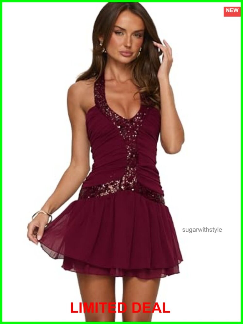Sequin Halter Mini Dress with Pleated Hem Sleeveless Party